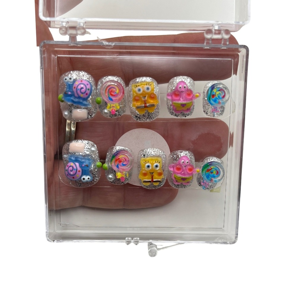 Handmade Spongebob Press‎ On Nails Women L Silver Glitter 3D Patrick Gary Charms